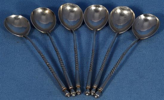 A set of six late 19th/early 20th century Russian 84 zolotnik silver picture back spoons, Length 5 ¼/133mm Total Weight: 3oz/83grms